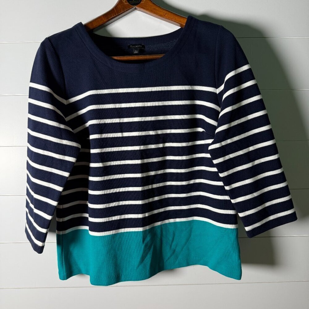 Talbots 3/4 Sleeve Length Shirt Nautical Navy White Stripe, Teal Size Large NWT